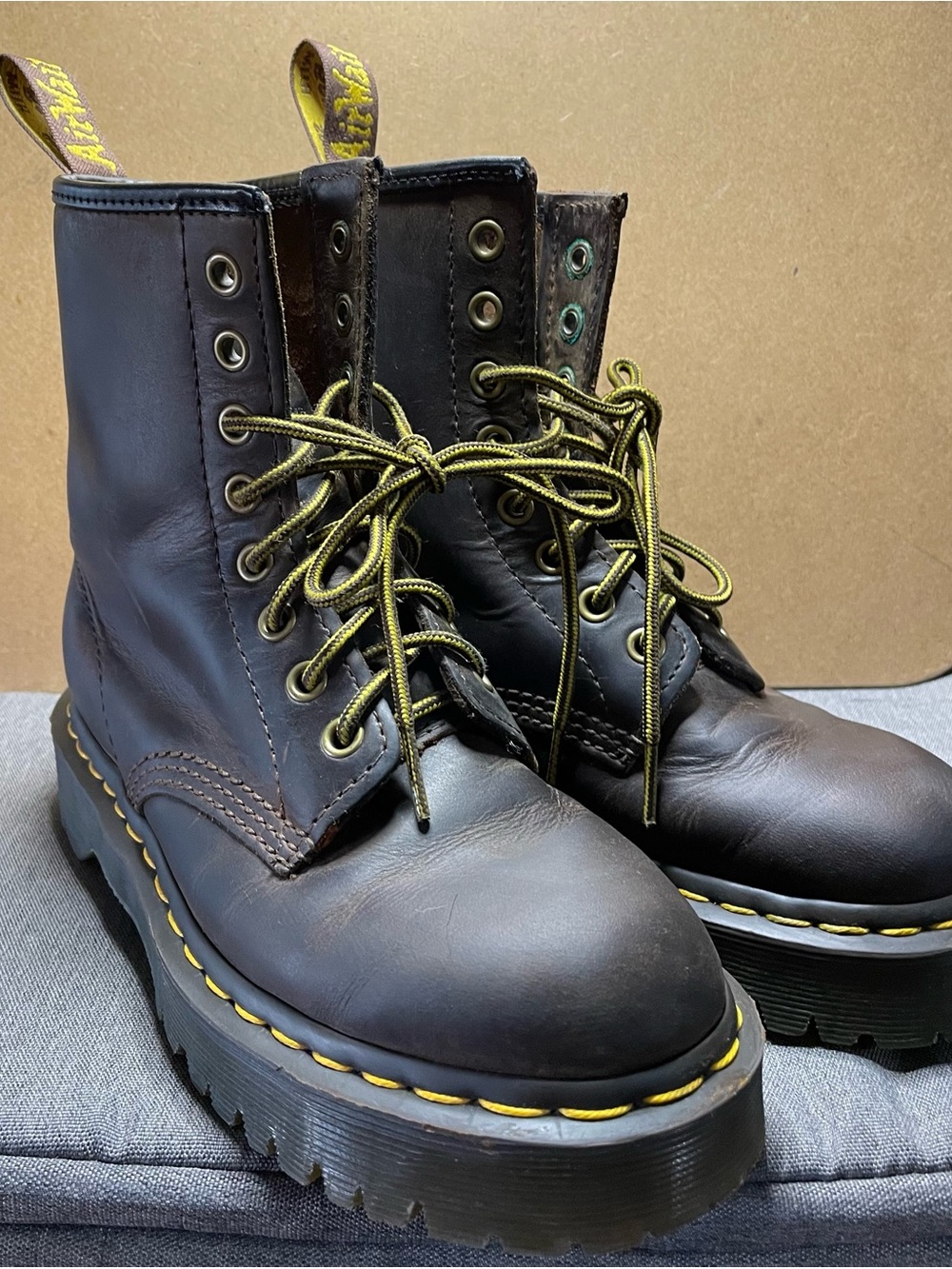 Dr. Martens Brown “Crazy Horse” Leather Lace-Up Combat Boots w Yellow Accents